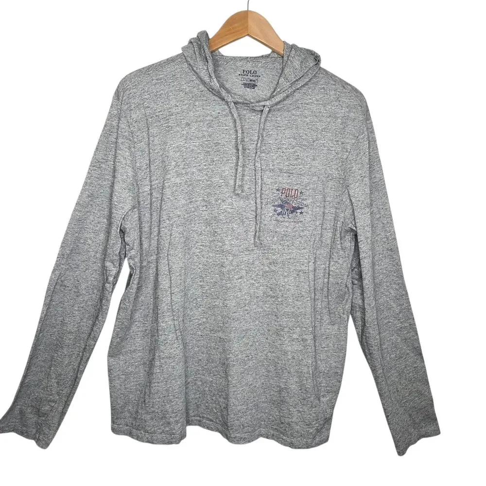 Ralph Lauren Mens Grey 1967 Polo Flag Cotton Hoodie Pullover Sweatshirt SZ L USA